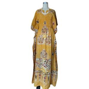 1970s batik print yellow kaftan bat wing indian maxi dress angel sleeve boho 70s